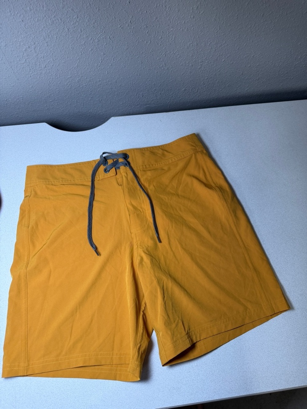 Prana Men's Mustard Yellow Swim Board Shorts with Gray Drawstring